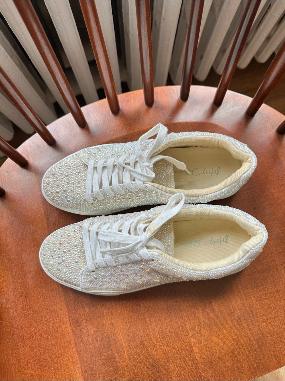 Betsey Johnson White Crystal-Embellished Lace-Up Sneakers - Picture 4 of 4